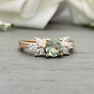 Rose Gold Round Green Amethyst Ring Marquise And Round Simulated Diamond Sterling Silver Engagement Ring Natural Green Amethyst Promise Ring