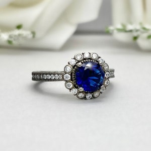 Round Blue Sapphire Black Rhodium Art Deco Ring Round Simulated Diamond ...
