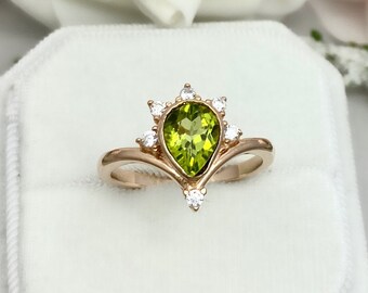 Rose Gold Pear Shape Peridot Ring Simulated Diamond Chevron Band Art Deco Sterling Silver Teardrop Engagement Wedding Ring