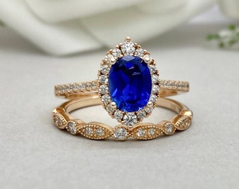Ovale blauwe saffier Rose gouden verlovingsring set Lab saffier 2PC trouwring ring set gesimuleerde diamant Art Deco Sterling zilveren ring set