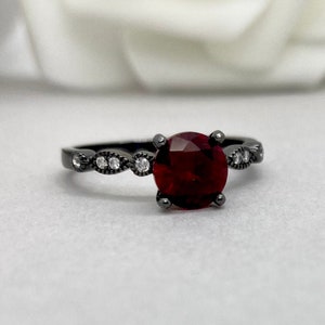 Round Red Ruby Black Rhodium Engagement Ring Lab Ruby Ring Simulated Diamond Art Deco Sterling Silver Wedding Promise Ring