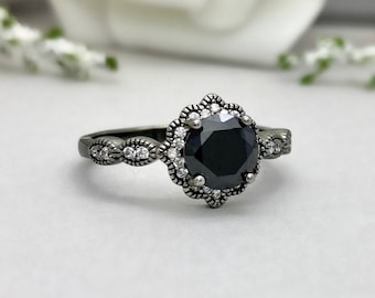Floral Vintage Black Onyx Engagement Ring Sterling Silver Black Onyx Wedding Ring Women Art Deco Ring Black Gemstone Vintage Engagement Ring