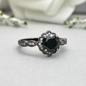 Round Black Onyx Black Rhodium Art Deco Ring Floral Round Simulated Diamond Ring Sterling Silver Halo Engagement Wedding Promise Ring