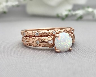 Rose Gold Round White Fire Opal Engagement Ring Set Lab White Opal 2PC Heart Band Ring Set Simulated Diamond Art Deco Sterling Silver Ring