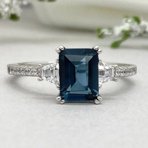 Emerald Cut London Blue Topaz Engagement Ring Set White Gold - Etsy
