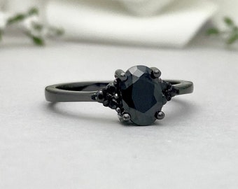 Black Rhodium Oval Black Onyx Ring Round Black Onyx Sterling Silver Engagement Ring Art Deco Black Onyx Promise Wedding Ring