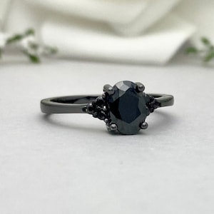 Black Rhodium Oval Black Onyx Ring Round Black Onyx Sterling Silver Engagement Ring Art Deco Black Onyx Promise Wedding Ring