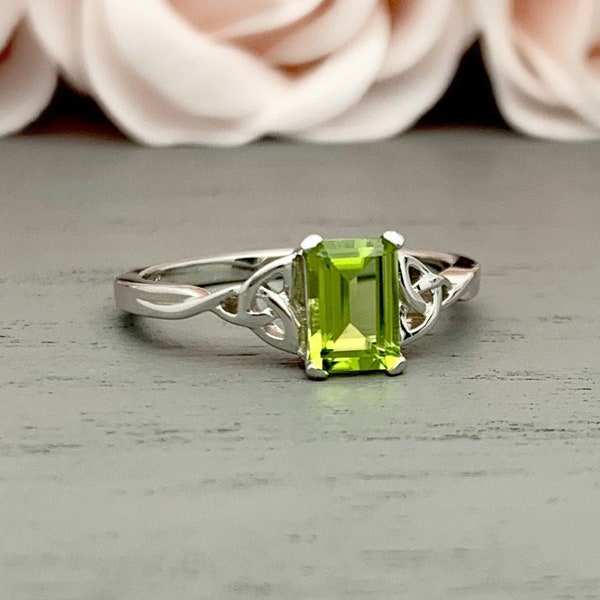 Emerald Cut Peridot Celtic Ring Sterling Silver Celtic Natural Peridot Engagement Ring Peridot Promise Wedding Ring