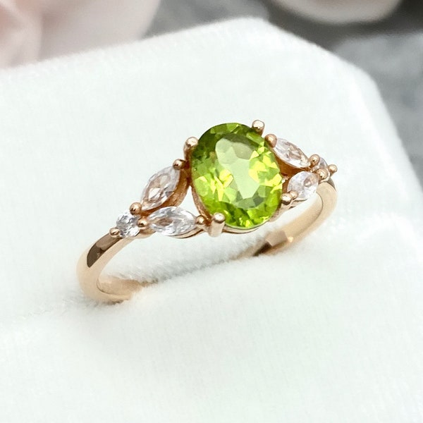 Rose Gold Oval 1.25Ct Natural Peridot Round Simulated Diamond Marquise Leaf Art Deco Sterling Silver Promise Engagement Wedding