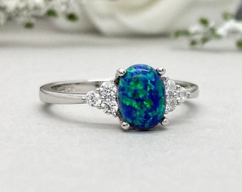 Oval Blue Opal Engagement Ring Lab Blue Opal Sterling Silver Ring Round Simulated Diamond Promise Wedding Ring