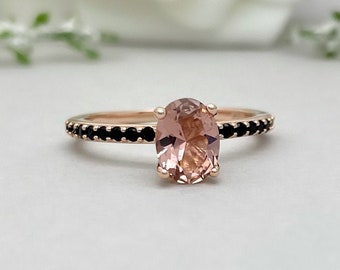 Rose Gold Oval Pink Morganite Round Black Onyx Engagement Ring Hidden Halo Art Deco Ring Sterling Silver Wedding Ring Women's Promise Ring