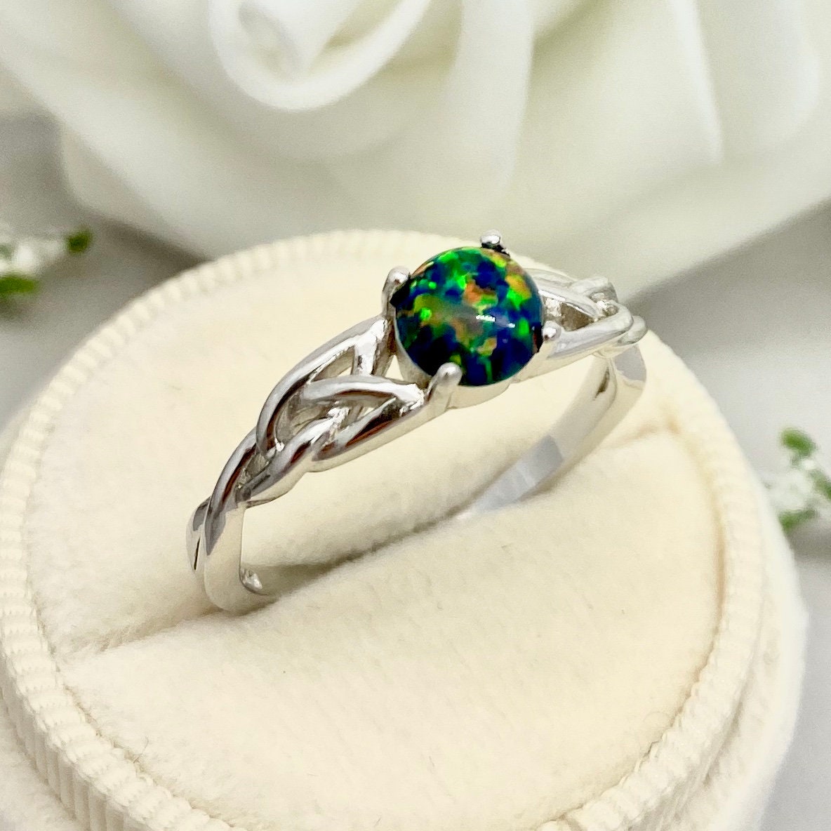 Round Black Fire Opal Celtic Ring Sterling Silver Lab Black - Etsy