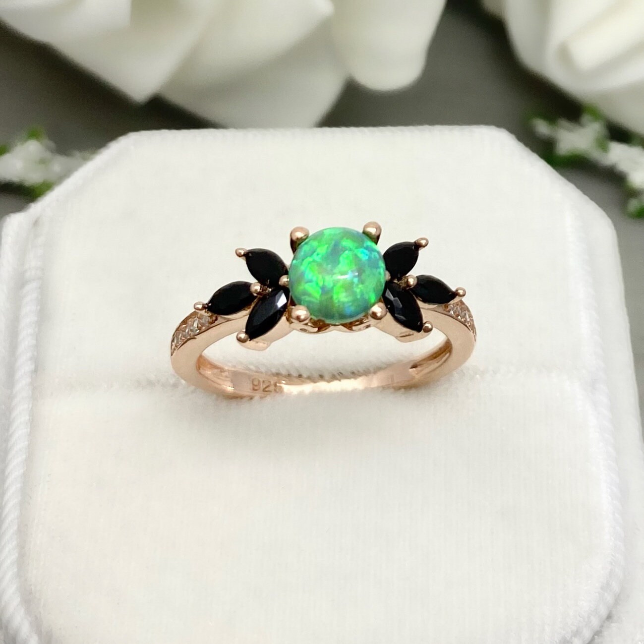 Rose Gold Round Green Opal Ring Marquise Black Onyx Round