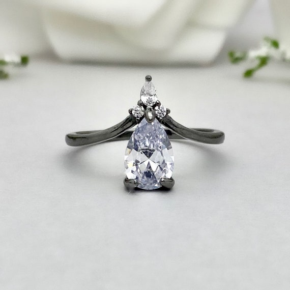 Pear Shape Simulated Diamond Black Rhodium Marquise Simulated Diamond Engagement Ring Art Deco Teardrop Sterling Silver Wedding Promise Ring