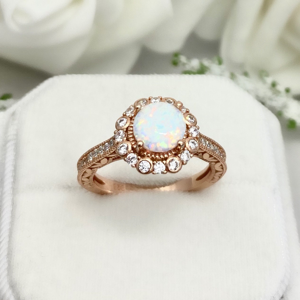 Rose Gold Round White Fire Opal Simulated Diamond Ring Art | Etsy