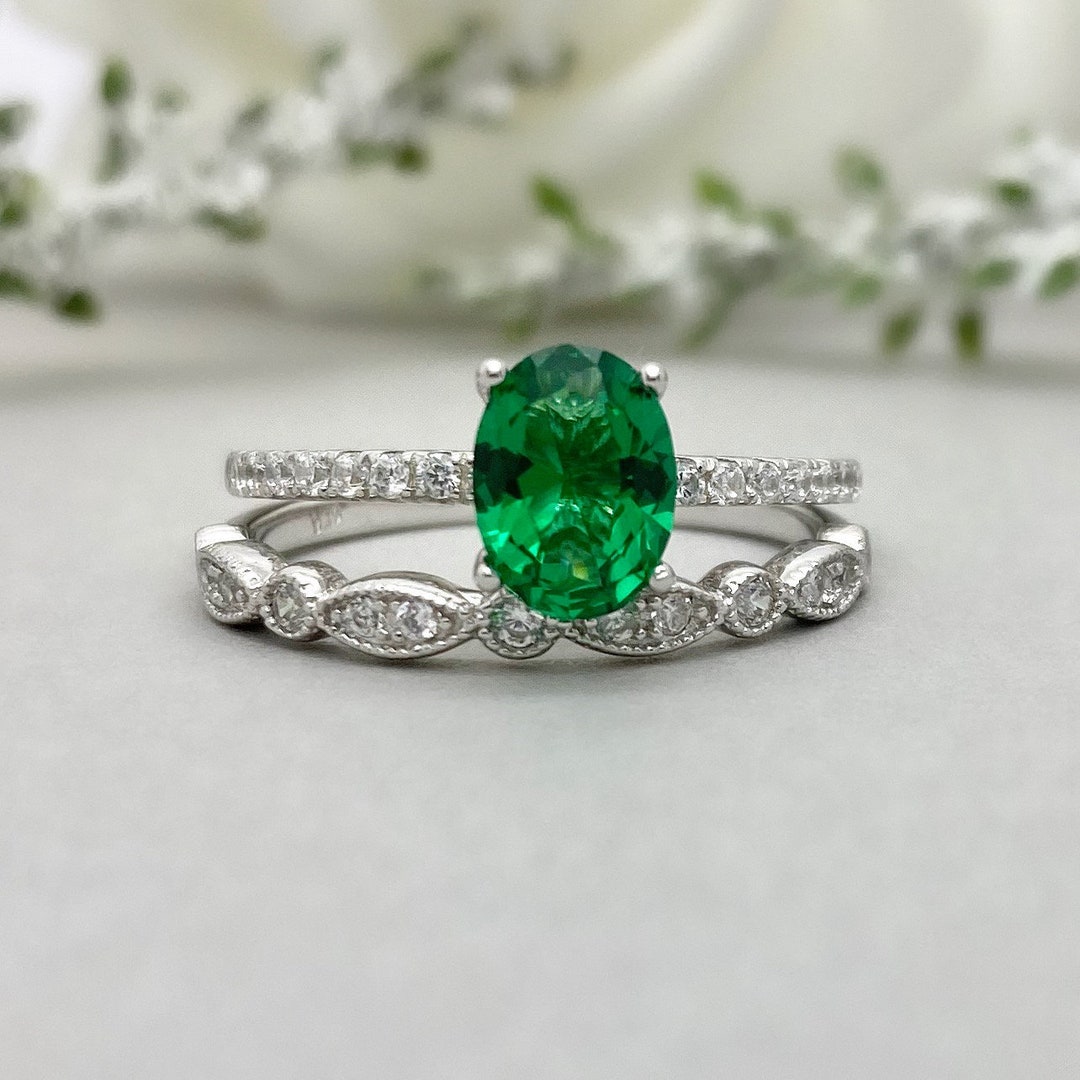 Oval Lab Emerald Simulated Diamond Engagement Wedding Ring Set - Etsy