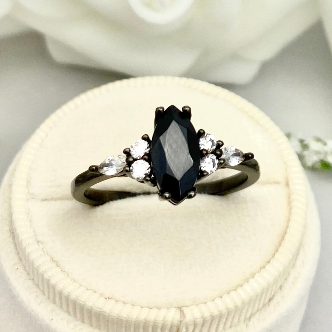 14K Solid Gold Marquise Black Onyx Black Rhodium Wedding Ring Art Deco 14K Solid Gold Marquise Black Onyx Black Rhodium Wedding Ring Art Deco