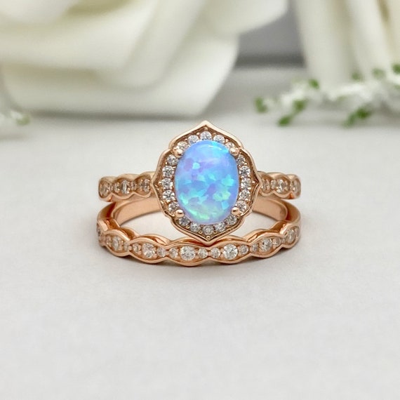 Rose Gold Oval Light Blue Opal Engagement Ring Set Lab Opal | Etsy
