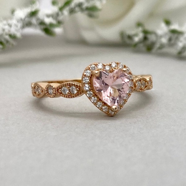 Rose Gold Heart Pink Morganite Simulated Diamond Ring Art Deco Sterling Silver Ring Halo Heart Rose Gold Promise Engagement Ring