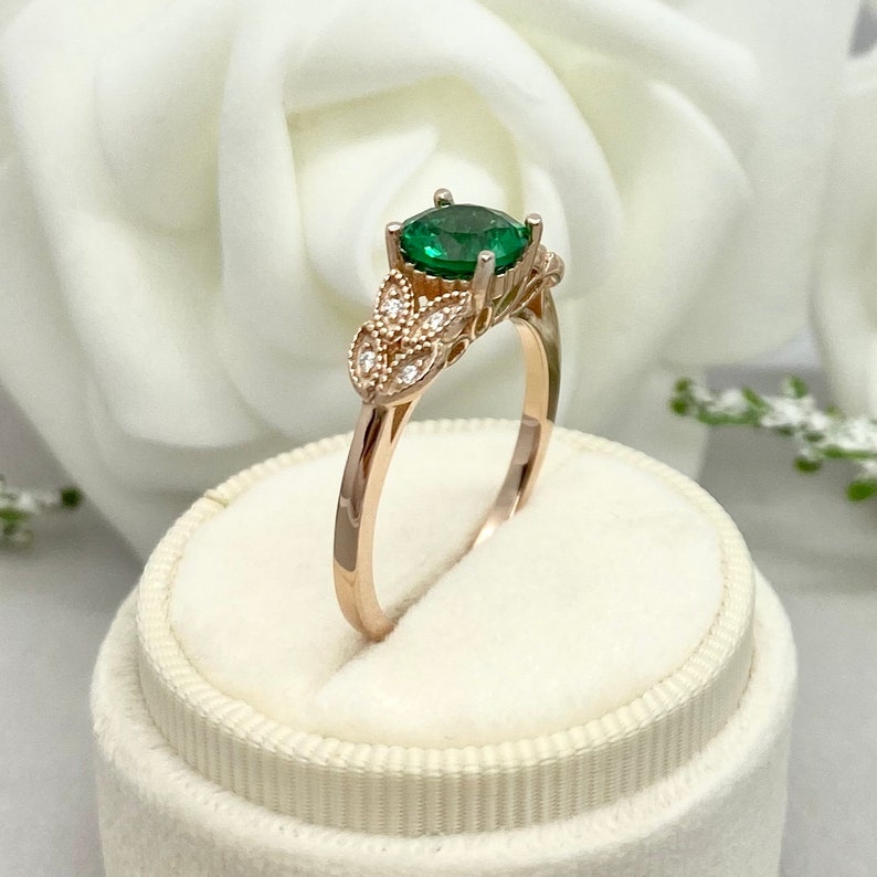 Rose Gold Round Emerald Art Deco Ring Round Simulated Diamond | Etsy