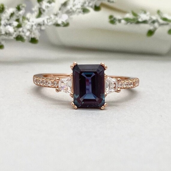 Alexandrite Wedding Ring Rose Gold Emerald Cut Alexandrite | Etsy