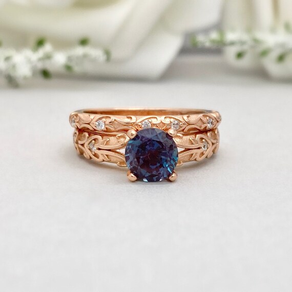 Rose Gold Round Alexandrite Engagement Ring Set Lab Alexandrite