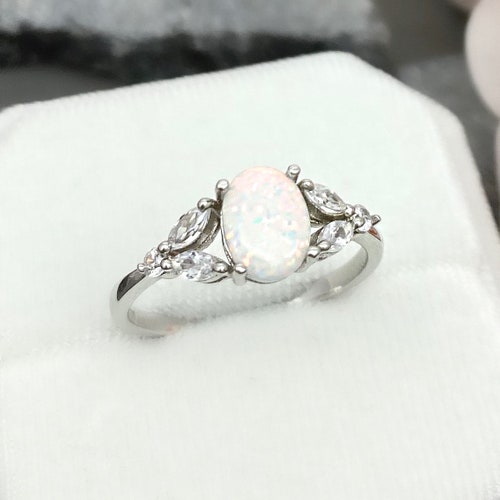 14K Solid White Gold Oval White Fire Opal Engagement Ring - Etsy