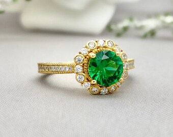 Art Deco Yellow Gold Round Emerald Halo Simulated Diamond Ring Solid 925 Sterling Silver Engagement Wedding Promise Ring Lab Emerald Ring