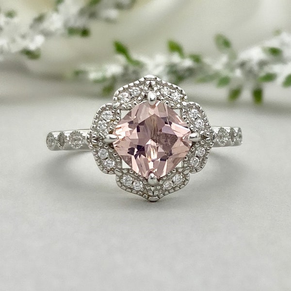 Cushion Cut Pink Morganite Ring Lab Pink Morganite Engagement Ring Simulated Diamond Art Deco Floral Sterling Silver Promise Wedding Ring