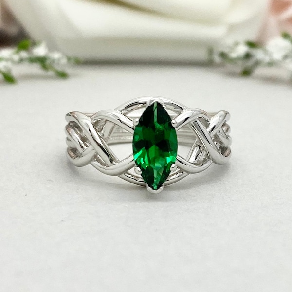 Marquise Emerald Celtic Ring Lab Emerald Marquise Twisted Sterling Silver Engagement Wedding Ring Women's Cletic Infinity Promise Ring