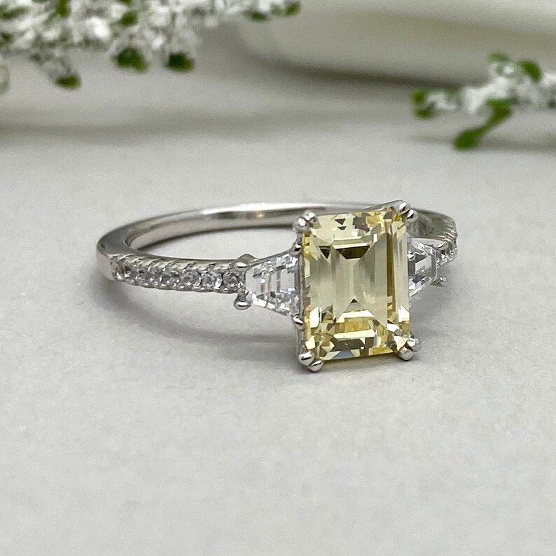 Emerald Cut Canary Yellow Simulated Diamond Engagement Ring | Etsy