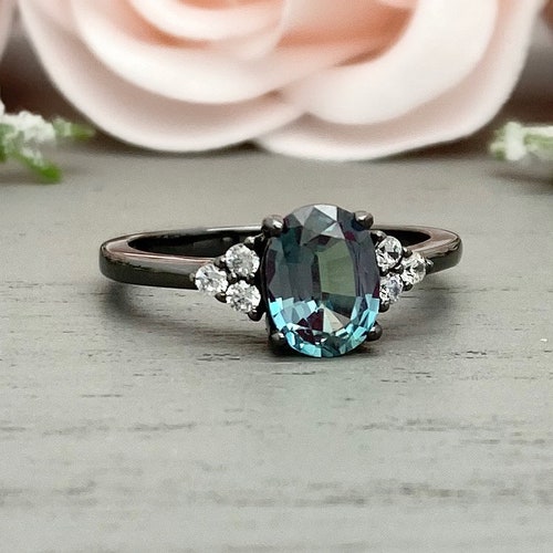 Black Rhodium Oval Alexandrite Ring Round Simulated Diamond Sterling shops Silver Engagement Ring Art Deco Alexandrite Promise Wedding Ring