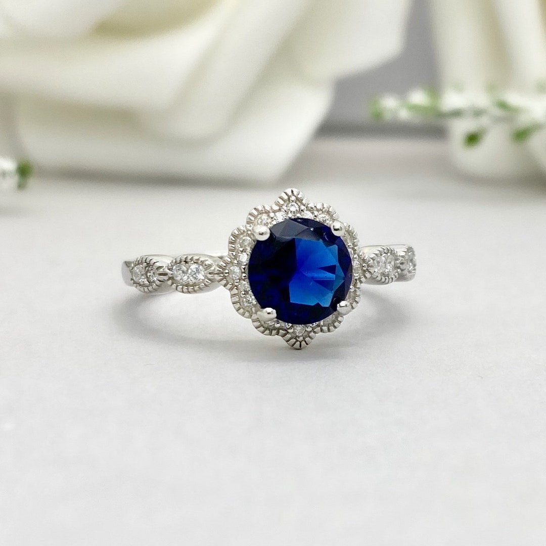 Round Blue Sapphire Engagement Ring Art Deco Floral Simulated Diamond ...