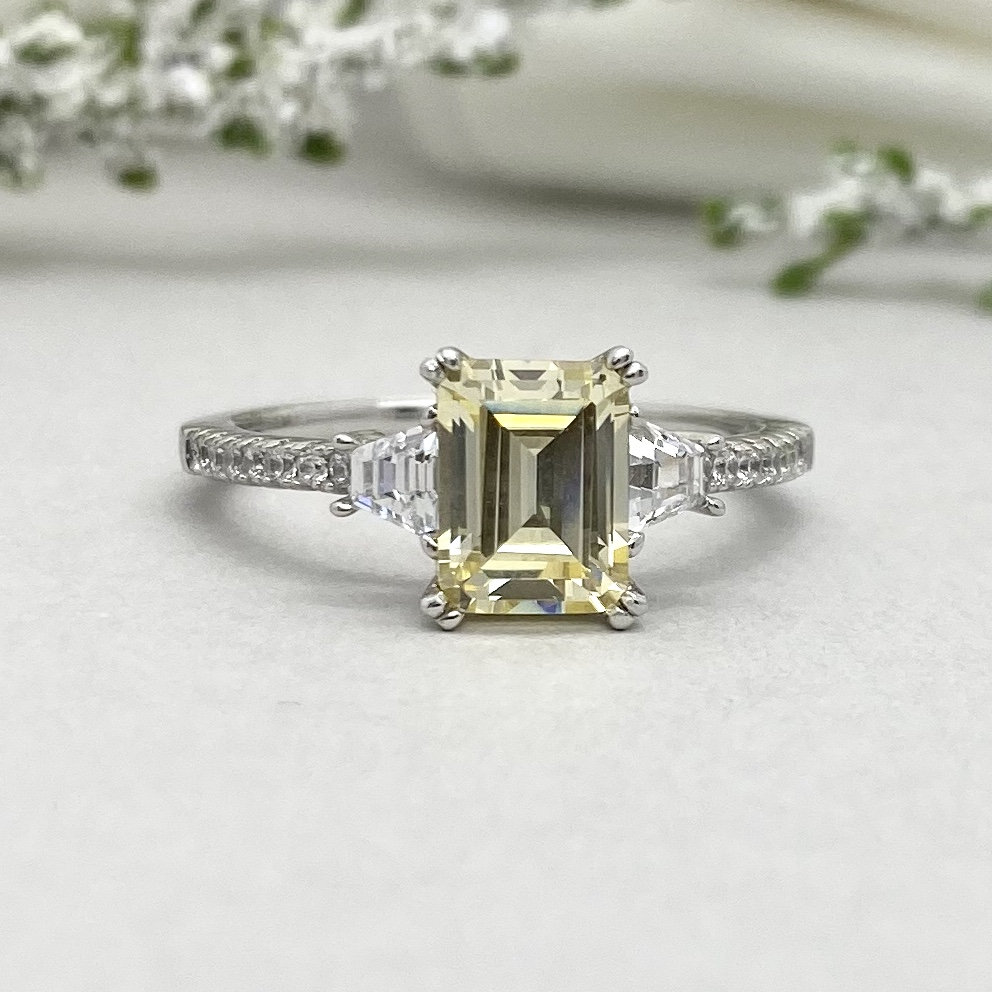 Emerald Cut Canary Yellow Simulated Diamond Engagement Ring | Etsy