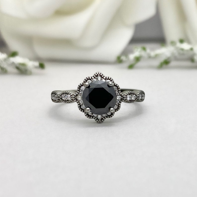 Round Black Onyx Black Rhodium Art Deco Ring Floral Round Simulated Diamond Ring Sterling Silver Halo Engagement Wedding Promise Ring image 2