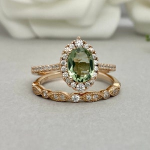 Rose Gold Oval Green Amethyst Wedding Ring Set Green Amethyst 2PC Engagement Band Ring Set Simulated Diamond Art Deco Sterling Silver Set