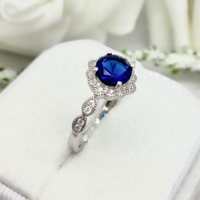 Round Blue Sapphire Engagement Ring Art Deco Floral Simulated | Etsy