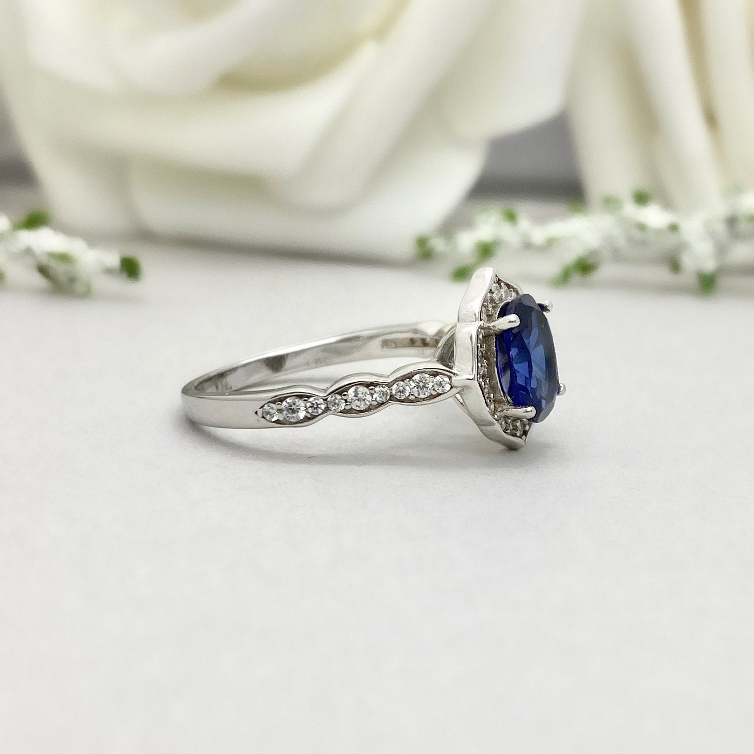 Oval Blue Sapphire Engagement Ring Lab Blue Sapphire Wedding | Etsy