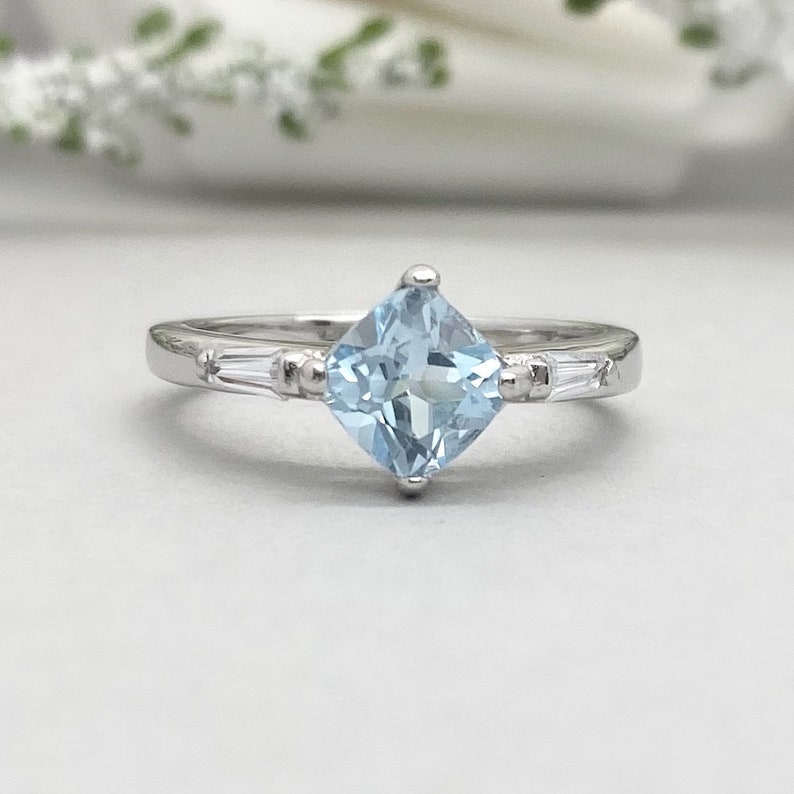 Cushion Aquamarine Ring Three Stone Ring Aquamarine Engagement | Etsy