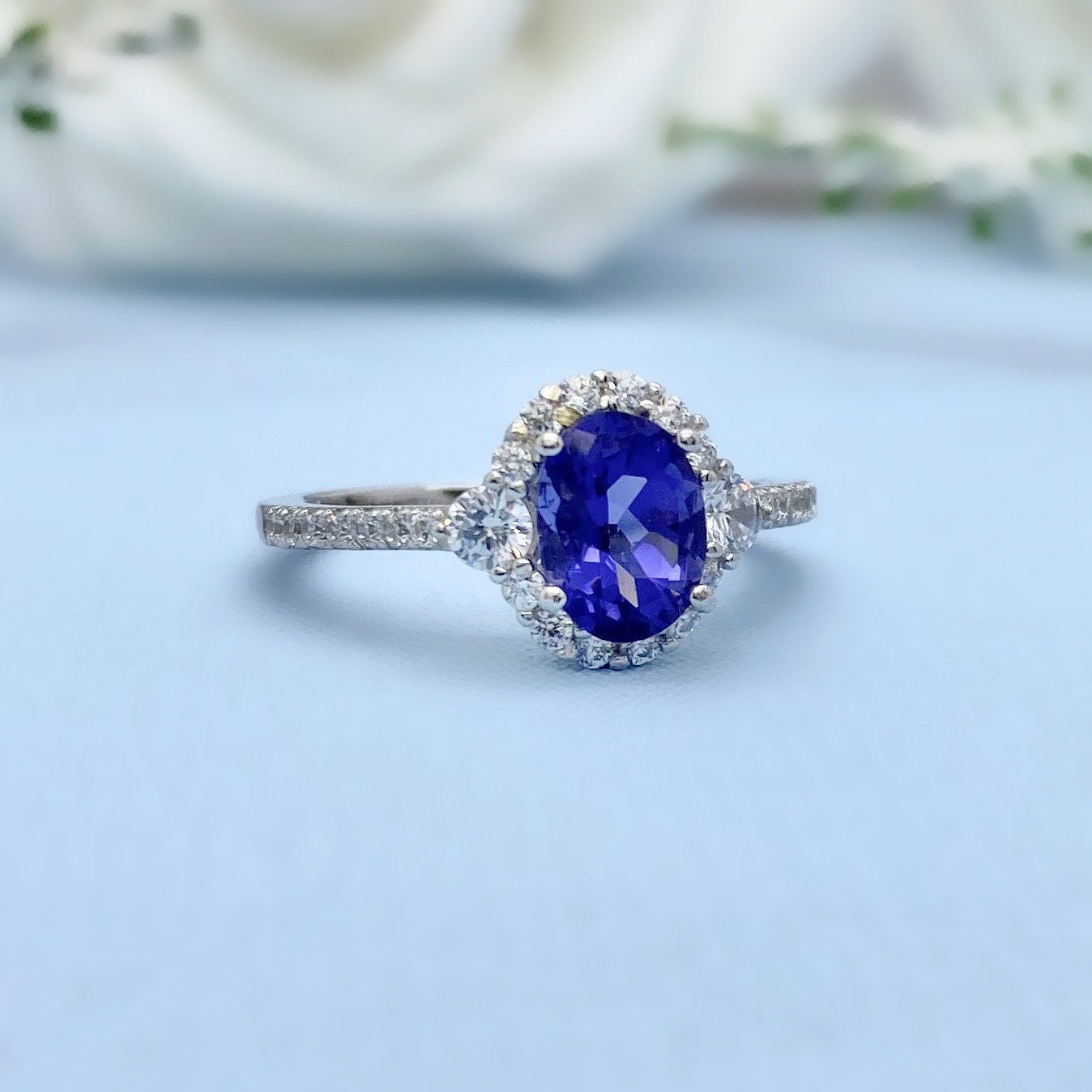 14K Solid White Gold Oval Tanzanite Engagement Ring Oval Lab | Etsy