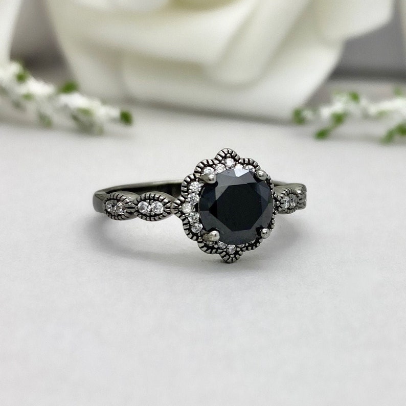 Round Black Onyx Black Rhodium Art Deco Ring Floral Round Simulated Diamond Ring Sterling Silver Halo Engagement Wedding Promise Ring image 1