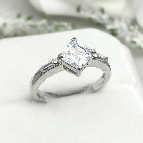 Princess Cut Simulated Diamond Ring Three Stone Ring Princess Cut hot Engagement Ring Sterling Silver Past Present Future Wedding Ring