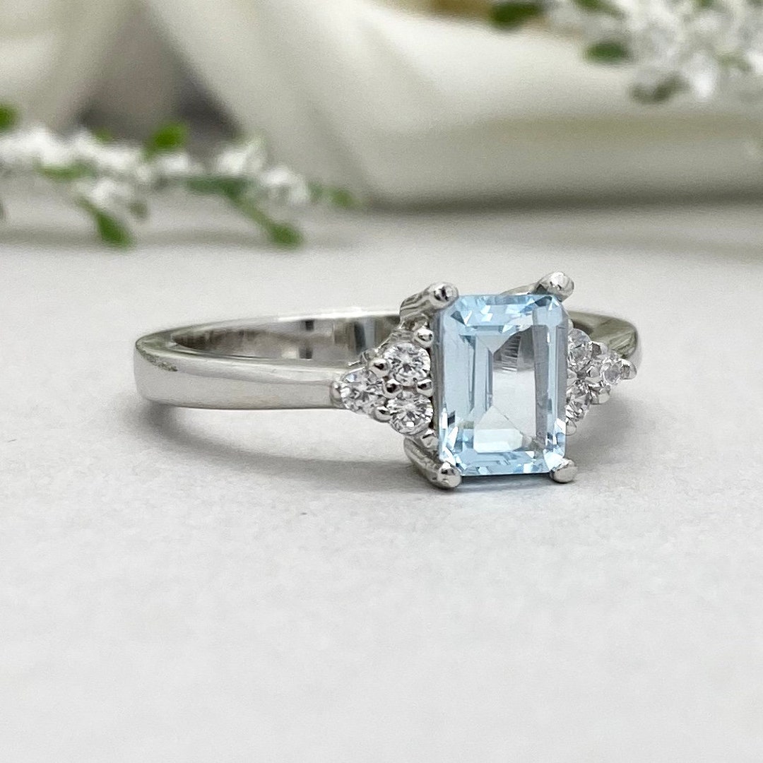 14K Solid White Gold Emerald Cut Aquamarine Ring 1.00ct Natural ...