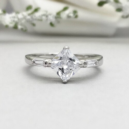 Princess Cut Simulated Diamond Ring Three Stone Ring Princess Cut hot Engagement Ring Sterling Silver Past Present Future Wedding Ring