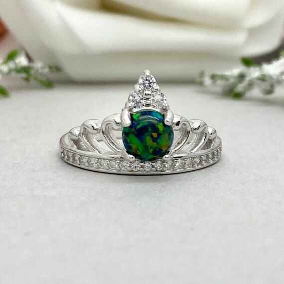 Sterling Silver Round Opal Crown Halo Ring Sterling Silver Round Opal Crown Halo Ring
