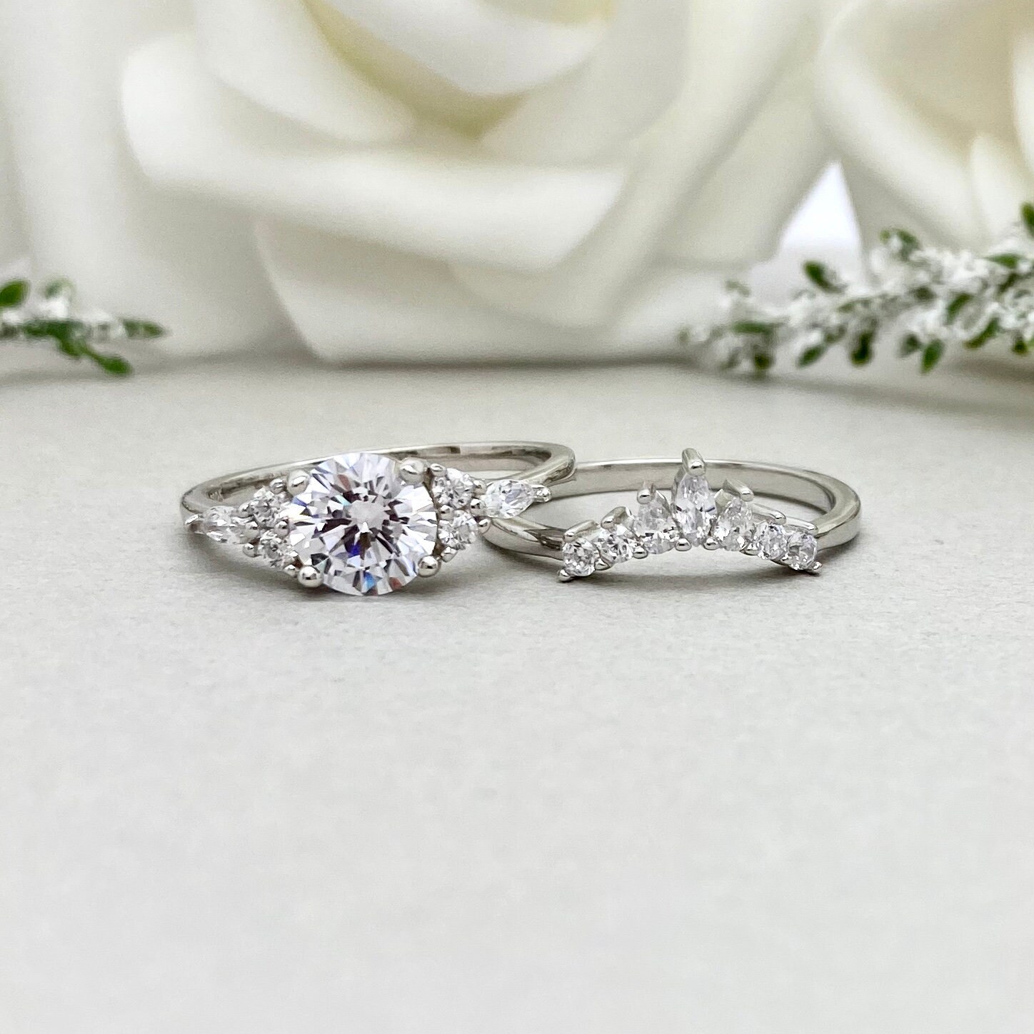 Round Simulated Diamond Art Deco Wedding Crown Ring Set 2PC - Etsy