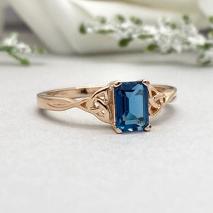 14K Solid Rose Gold Emerald Cut London Blue Topaz Celtic Ring Celtic Engagement Ring Blue Topaz Promise Wedding Ring