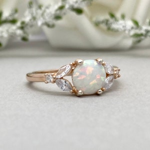 Rose Gold Round White Fire Opal Ring Marquise And Round Simulated Diamond Leaf Ring Art Deco Sterling Silver Promise Engagement Wedding