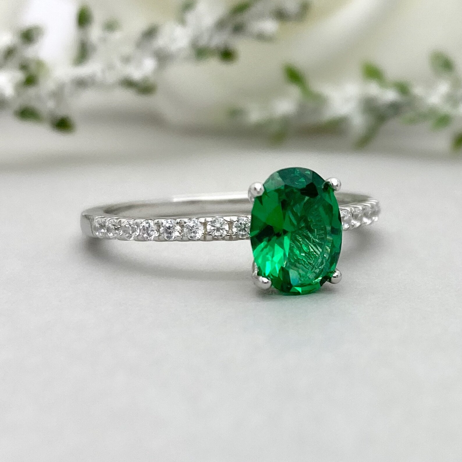 Oval Lab Emerald Engagement Ring Emerald Ring Simulated Etsy