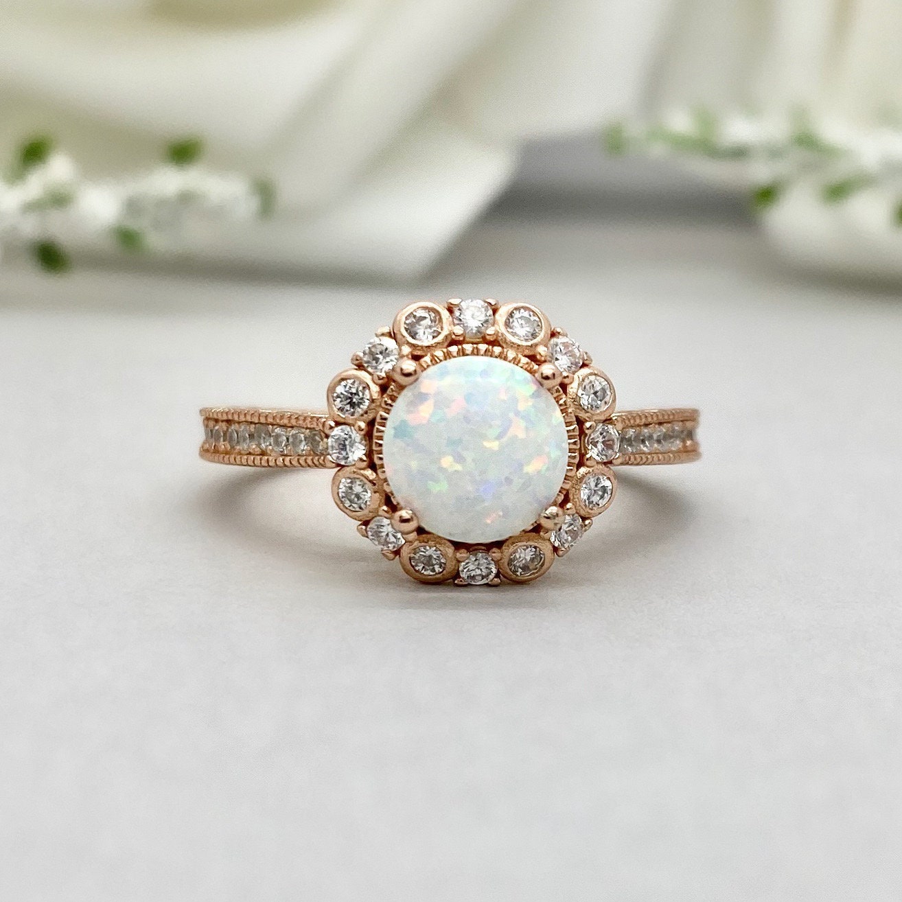 Rose Gold Round White Fire Opal Simulated Diamond Ring Art | Etsy